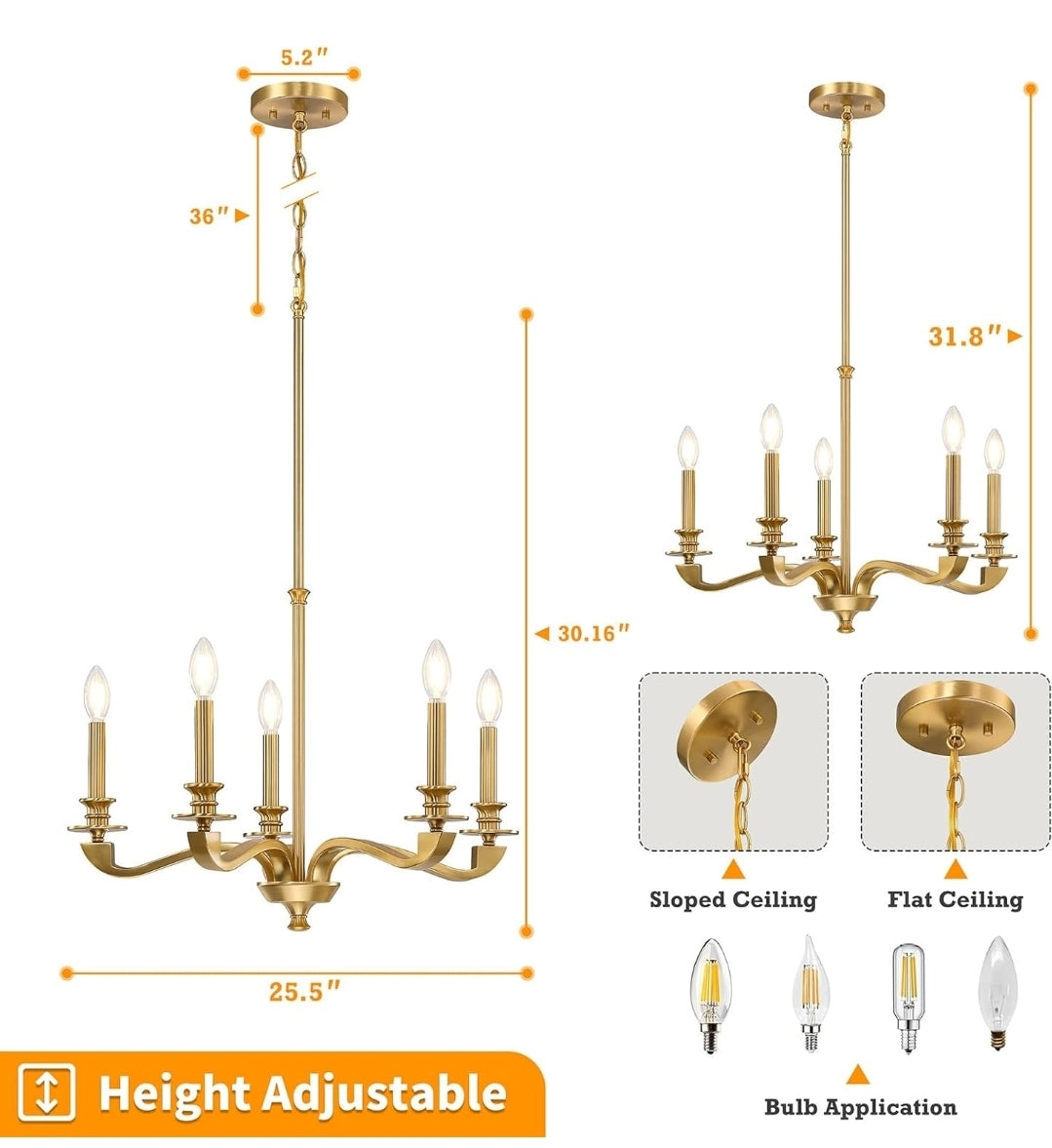 Gold Chandeliers for Dining Room, 25.5 Inch Vintage Gold Chandelier Light Fixture Over Table, Farmhouse Candle Chandeliers, 5-Light Brass Chandeliers for Kitchen, Bedroom, Living Room (E12 Base)