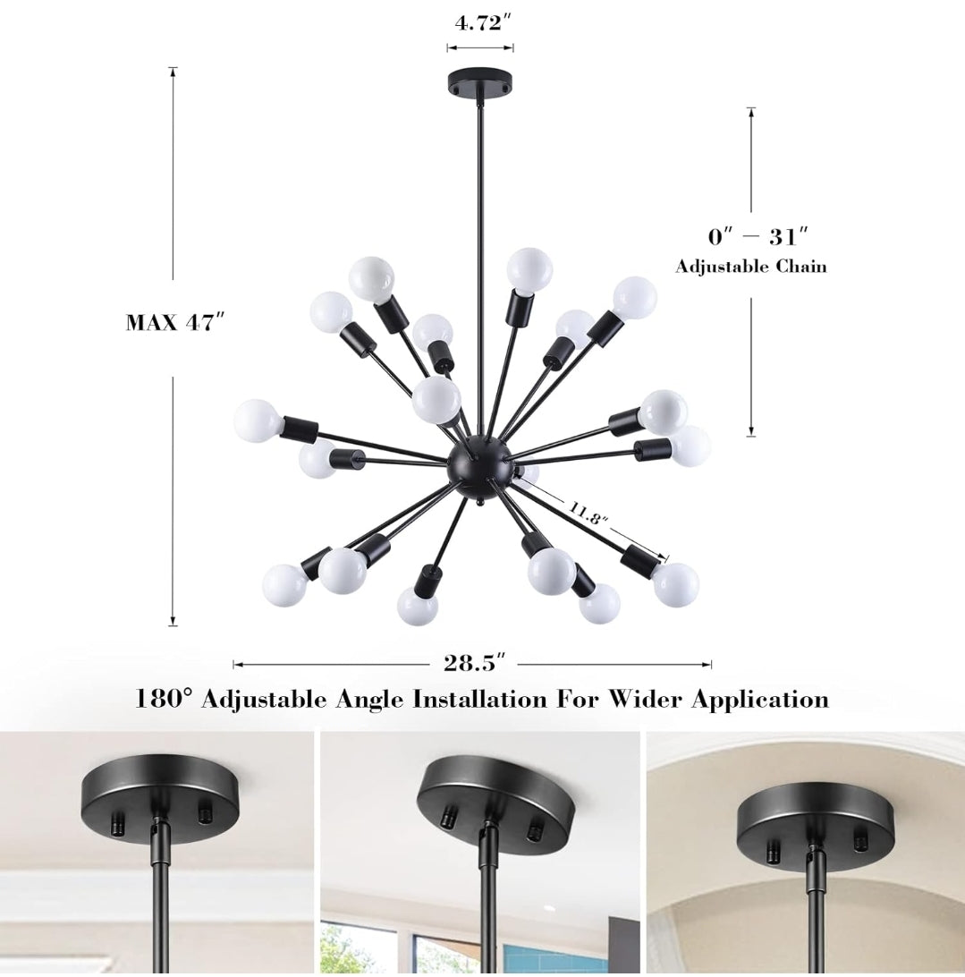 Black Chandelier for Dining Room 18 Lights Adjustable Modern Sputnik Chandeliers Hanging Vintage Industrial Ceiling Lighting Fixtures for Kitchen Island Hallway Bedroomm