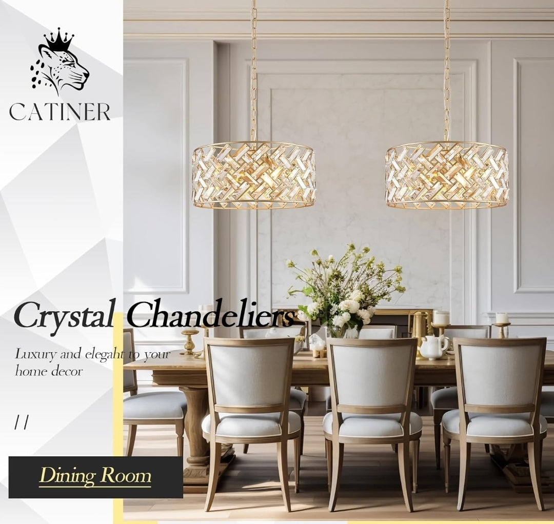 Gold Crystal Chandelier Modern 18" Round Semi Flush Mount Ceiling Light for Dining Living Room Bedroom & Foyer - Large Round Pendant Fixture