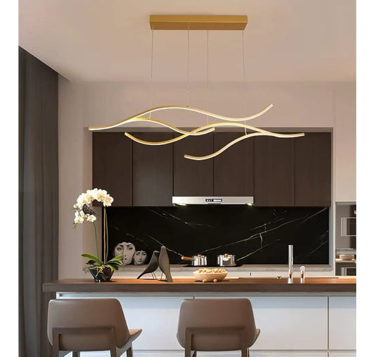 LightInTheBox Modern LED Linear Wave Chandelier - Dimmable Branch Pendant Light for Kitchen Island, Living Room, Dining Room (Gold)