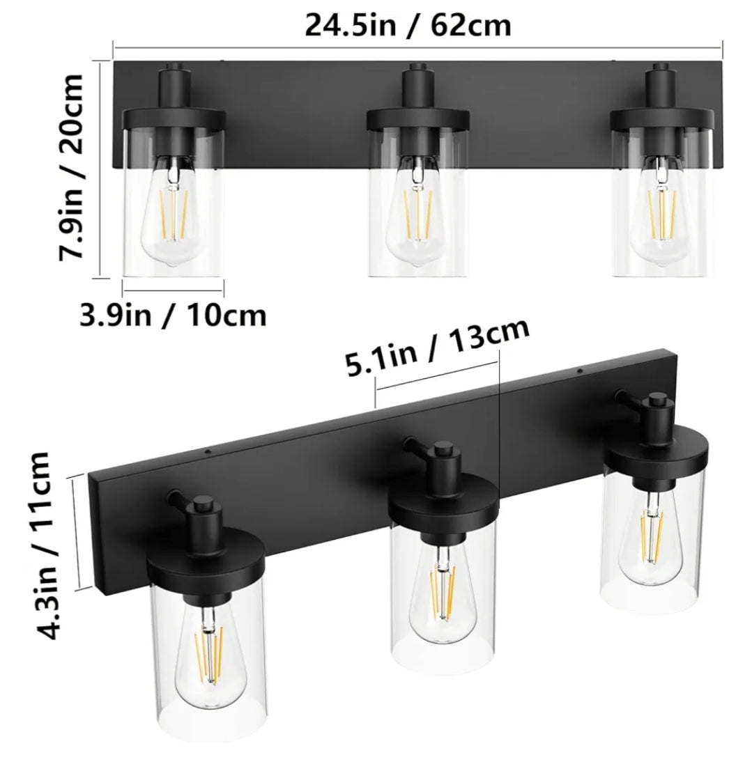 Aipsun Black Vanity Light for Bathroom 3 Light Farmhouse Bathroom Lights Fixtures Over Mirror with Clear Glass Shade(Exclude Bulb)