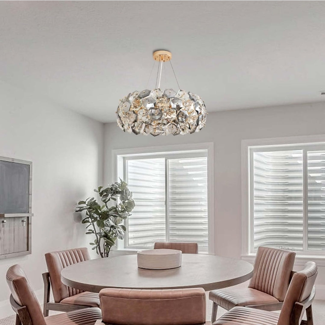 Crystal Chandelier, 12-Lights 24 Inch Gold Modern Round Pendant Lights, Hexagonal Crystals Surrounding Chrome Metal Ceiling Light Fixture, Chandeliers for Dining Room Bedroom Living Room
