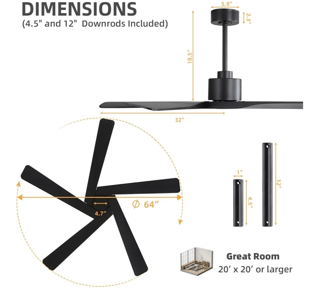 WINGBO 64" ABS DC Ceiling Fan No Light, 5 Blade ABS Plastic Ceiling Fan with Remote, 6-Speed Reversible DC Motor, Ceiling Fans without Light for Kitchen Bedroom Living Room, Brass and White