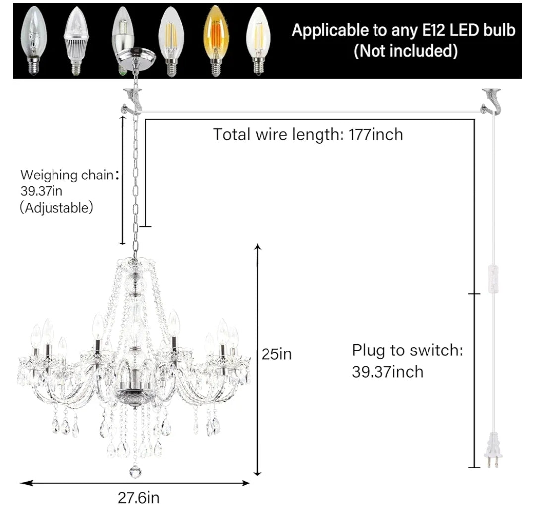 PAPAYA Plug in Crystal Chandeliers Clear Chandelier 25 * 27.5in 10-Light Modern Pendant Ceiling Lighting Fixture with Acrylic Crystals & Beads for Girls Room,Living Room,Kitchen Island,Entryway.