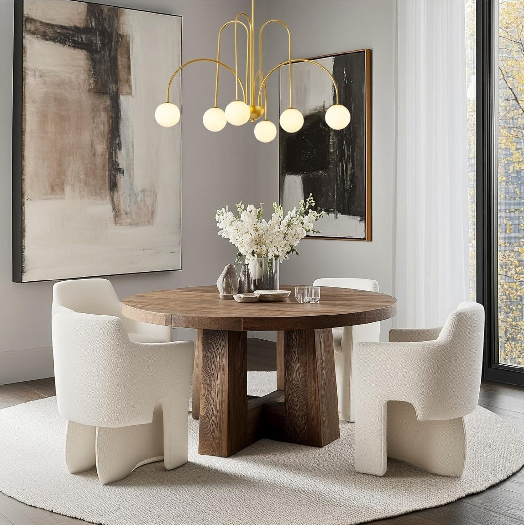 30" Mid Century Arch Chandelier, Large Modern Pendant Light Fixtures with Milk Glass Globe Shades Antique Brass Brush Paint Finish for Dining Room, Kitchen Island, Foyer, Living Room 6-Light