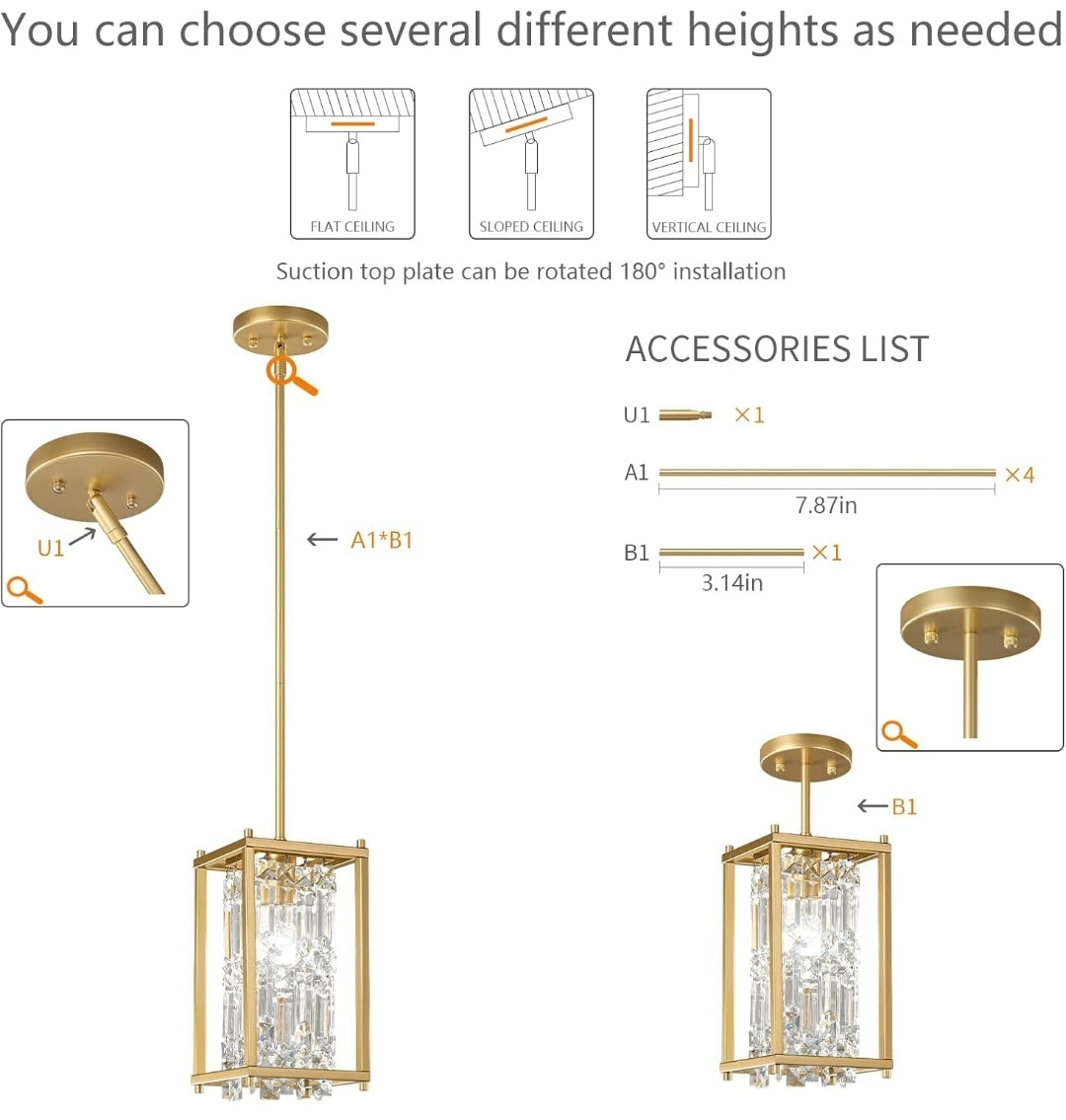 LMQNINE Dining Room Light Fixture Semi Flush Mount Ceiling Light, Industrial Farmhouse Chandelier Gold Metal Crystal Pendant Light for Hallway Balcony Kitchen Island (Square 1-Light)