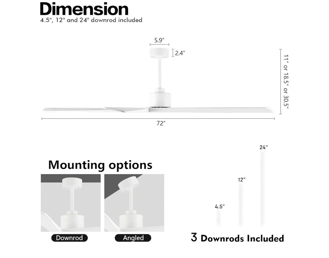 WINGBO 72 Inch DC Ceiling Fan No Light with 3 Downrods, 5 Reversible Carved Solid Wood Blades, 6-Speed Noiseless DC Motor, Ceiling Fan without Lights in White Finish, ETL Listed