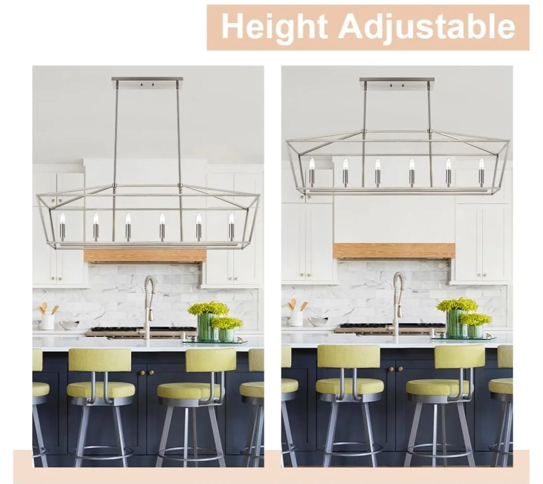4-Lights Brushed Nickel Farmhouse Chandelier, Dining Room Pendant Lighting Fixtures Adjustable Height, Kitchen Island Light Ceiling Mount E12 Socket