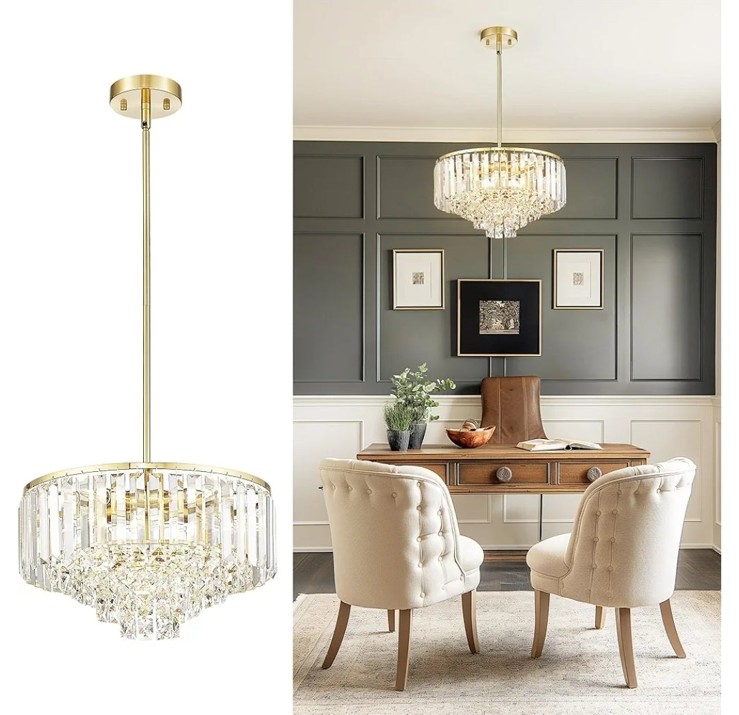 15'' Gold Chandelier, 5-Tier Crystal Chandelier, Modern Pendant Light for Dining Room Kitchen Island Bedroom Entryway, CC4215-5W-PG