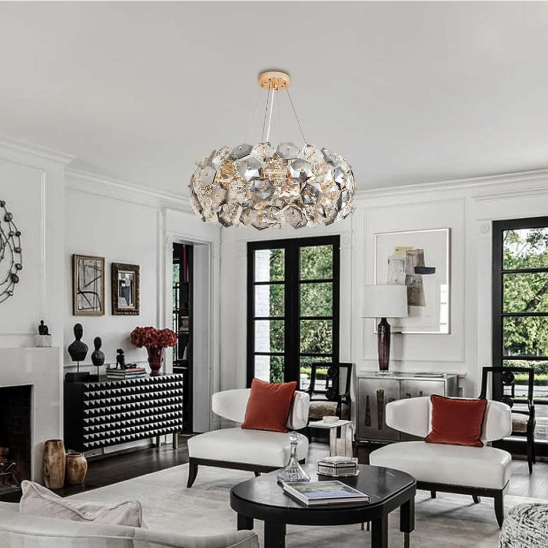 Crystal Chandelier, 12-Lights 24 Inch Gold Modern Round Pendant Lights, Hexagonal Crystals Surrounding Chrome Metal Ceiling Light Fixture, Chandeliers for Dining Room Bedroom Living Room