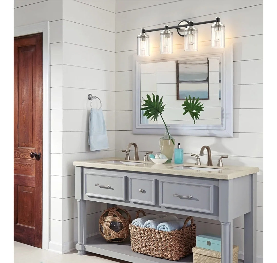 Bathroom Lighting Fixtures Black and Brushed Nickel Bathroom Vanity Light with Cylindrical Clear Stripes Glass Lampshade E26 Socket Base Bathroom Lighting Fixtures Over Mirror (4 Lights)