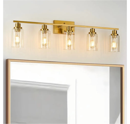 Jonsi Gold 5-Light Bathroom Vanity Light with Glass Shade, Modern Gold Bathroom Lights Over Mirror, W 40.2 x H 10.7 inches