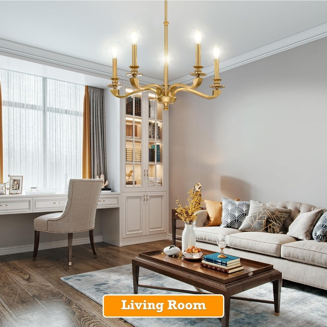 Gold Chandeliers for Dining Room, 25.5 Inch Vintage Gold Chandelier Light Fixture Over Table, Farmhouse Candle Chandeliers, 5-Light Brass Chandeliers for Kitchen, Bedroom, Living Room (E12 Base)