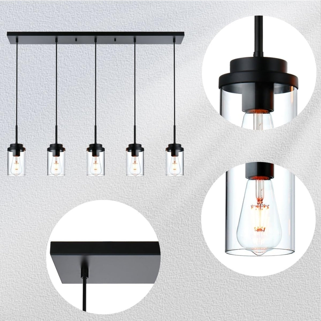 BONLICHT Farmhouse Chandelier for Dining Room, Modern Industrial Foyer Linear Pendant Light Traditional Black Kitchen Island Lighting Fixture Hanging Ceiling Lights with Clear Glass Shade