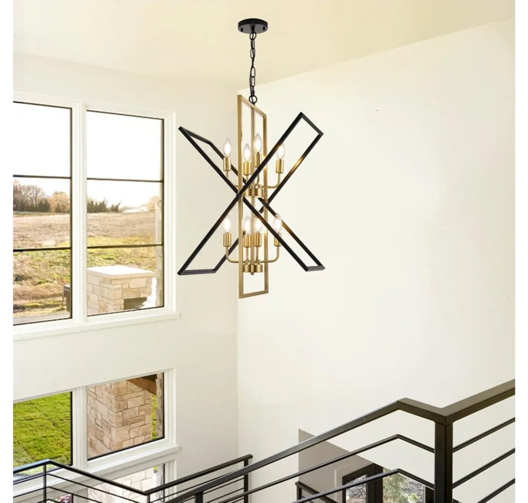 Black and Gold Chandelier, 8-Light Industrial Farmhouse Ceiling Pendant Light Fixtures, Modern Foyer Lighting Fixtures, Large Chandeliers for High Ceilings, Pendant Lights Kitchen Island for Entryway
