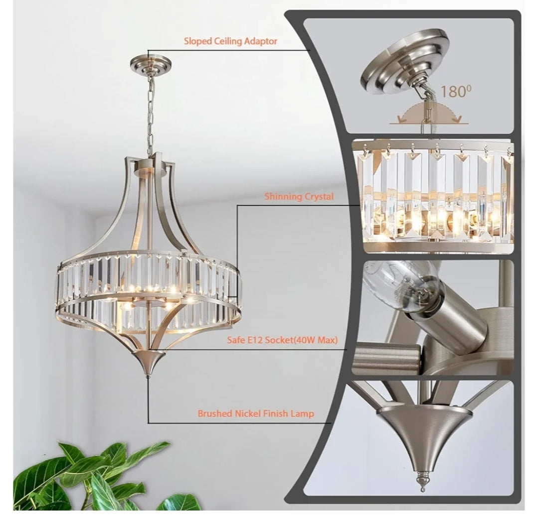Rustic Large Farmhouse Chandelier for Dining Room with Round Metal Shade 6-Light Brushed Nickel Light Fixture, Crystal Chandeliers for Hallway, Bedroom, Foyer