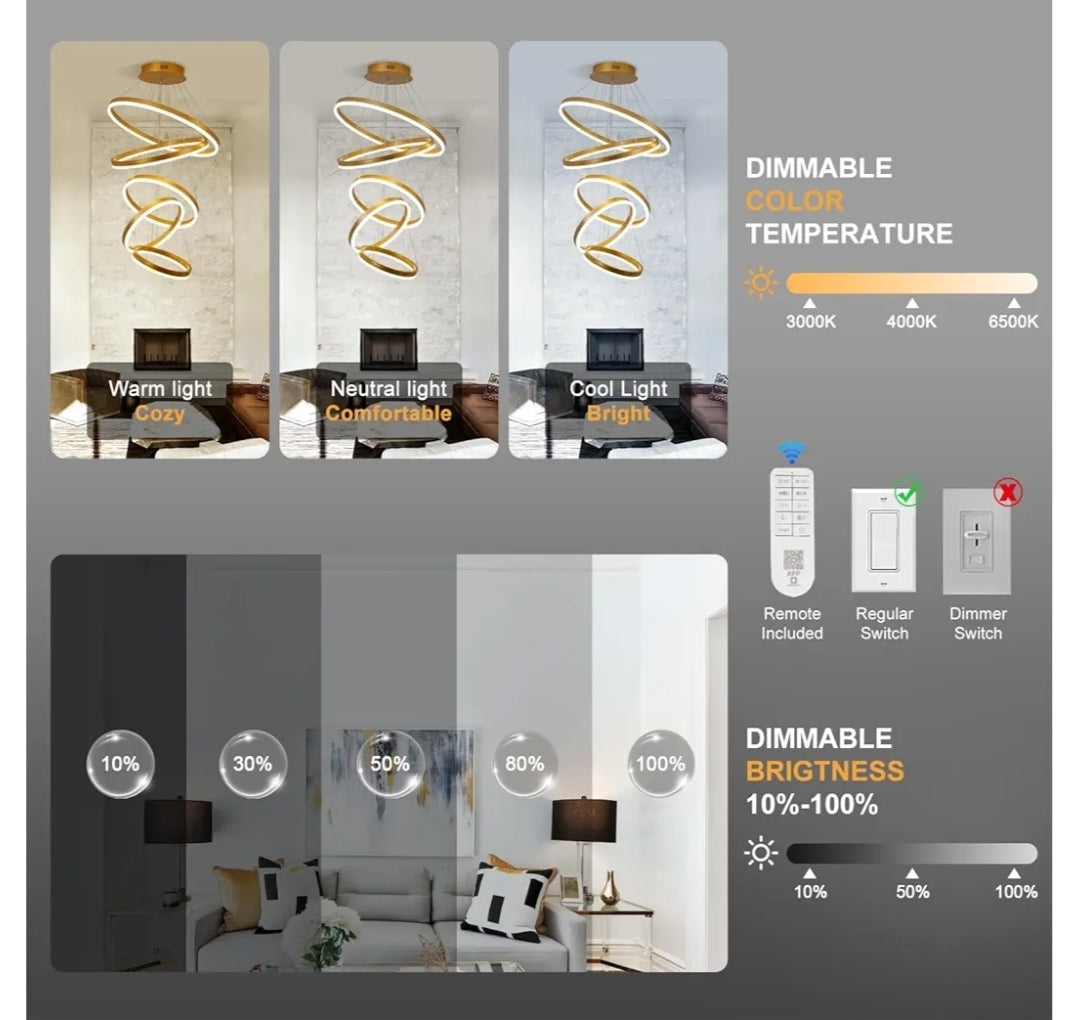 5-Rings Modern LED Chandelier Gold Dimmable High Ceiling Chandelier for Dining Room with Remote Control for Foyer Living Room Entryway Staircase(D23.6’’, 3000K-6500K)