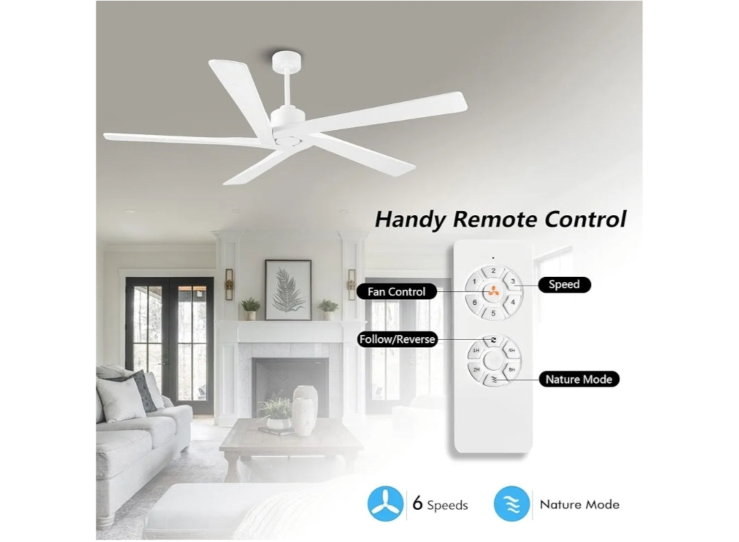 WINGBO 72 Inch DC Ceiling Fan No Light with 3 Downrods, 5 Reversible Carved Solid Wood Blades, 6-Speed Noiseless DC Motor, Ceiling Fan without Lights in White Finish, ETL Listed