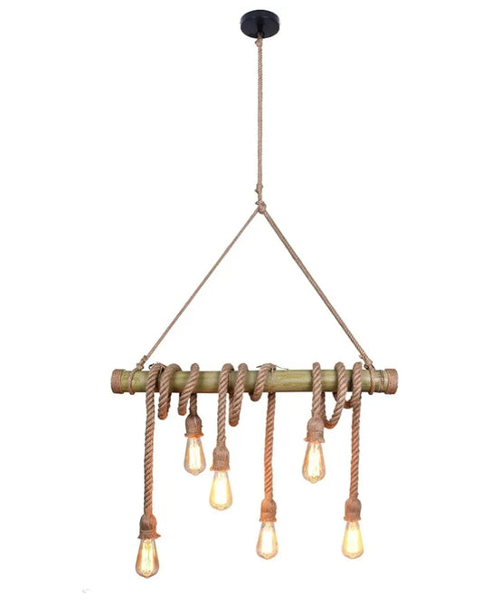 UNITARY Farmhouse Pendant Lights Kitchen Island, Kitchen Light Fixtures, Rustic Dining Room Light Fixture with 6 E26 Bulb Sockets, Black Metal and Bamboo Ceiling Pendant Light Fixtures