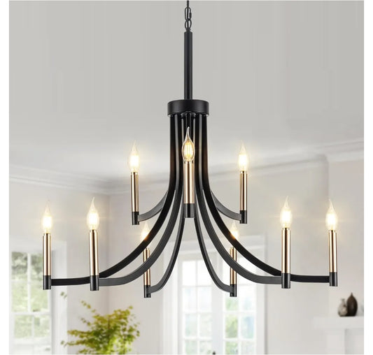 9-Light Modern Chandelier Black and Gold Chandeliers Farmhouse Pendant Light Fixture Candle Chandelier for Dining Room Living Room Entryway Foyer Kitchen