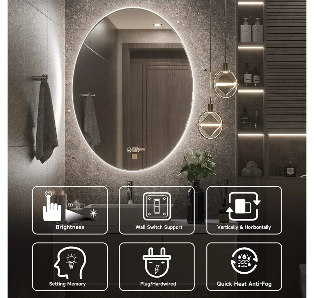 TETOTE 24x32 Inch Backlit Oval Mirror for Bathroom,LED Vanity Mirror for Makeup,Dimmable,Anti-Fog Modern Mirror with Lights Wall Mounted