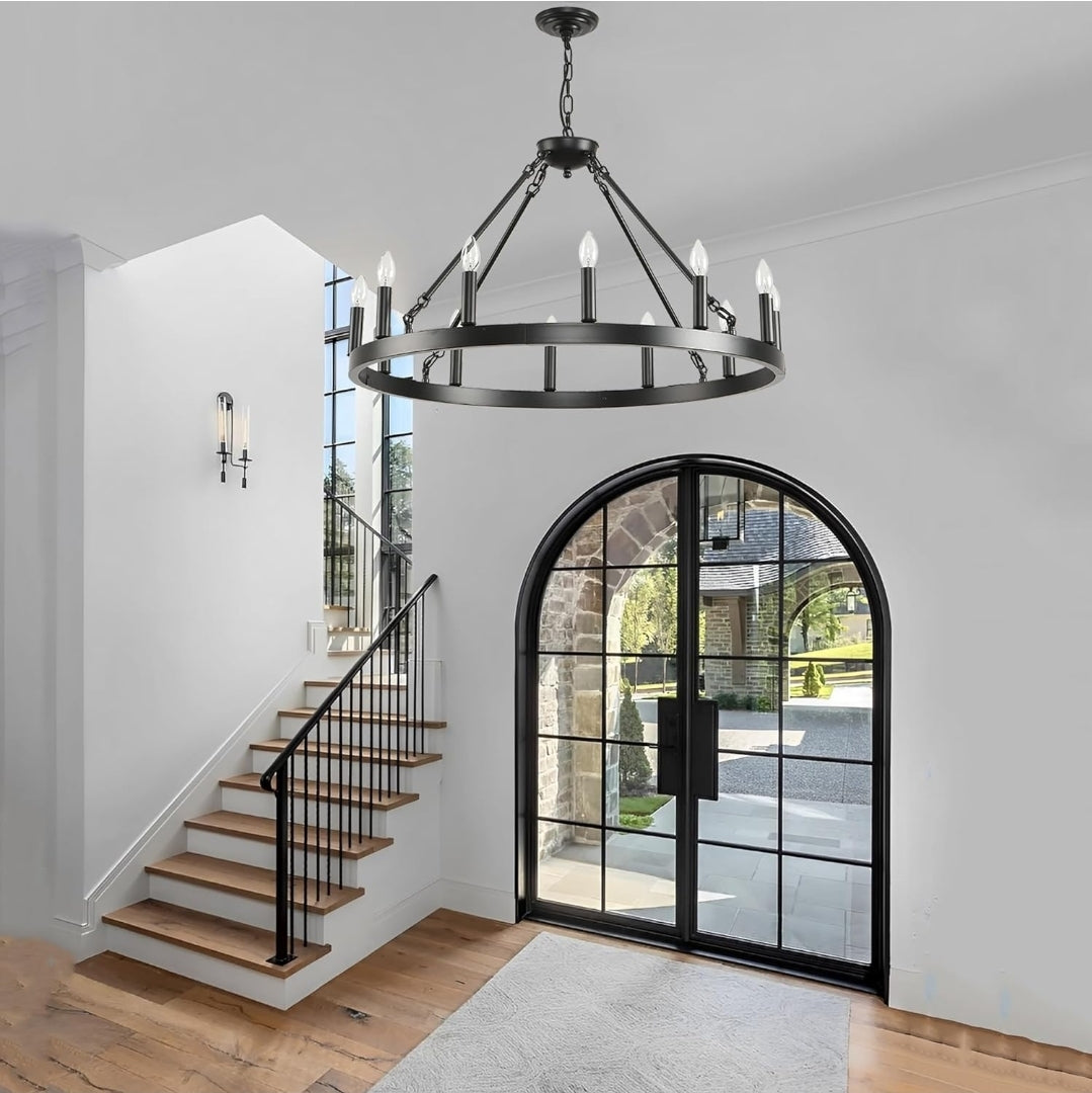 Black Wagon Wheel Chandelier 32 inch,12-Light Farmhouse Wagon Wheel Chandeliers Round Industrial Ceiling Light fixtures for Outdoor Porch high Ceilings Living Dining Room Foyer Entryway