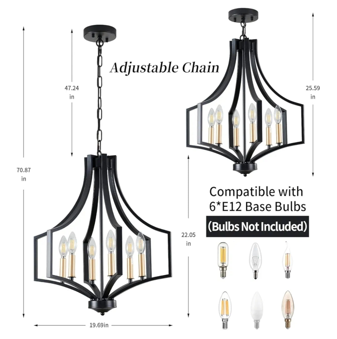 Black Chandelier Light Fixture, 6-Light Dining Room Chandelier Modern Farmhouse Black and Gold Pendant Light Fixture, Large Chandeliers for Living Room Kitchen Bedroom Foyer Entryway