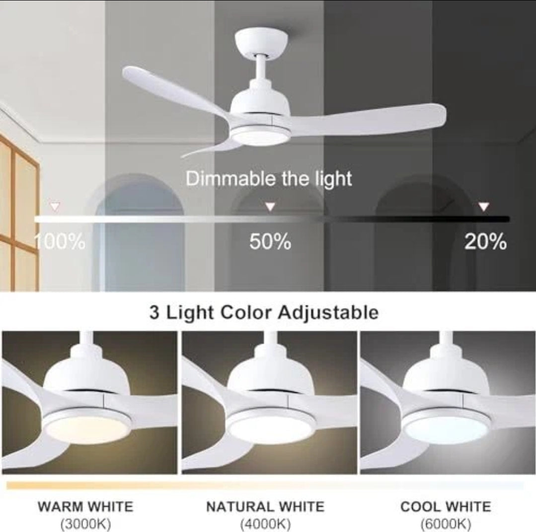 42-Inch White Ceiling Fan with Light - Remote Control, 3 Color Changing, Dimmable, Reverse Rotation - Quiet, 6 Speeds - Ideal for Living Room, Bedroom, Balcony
