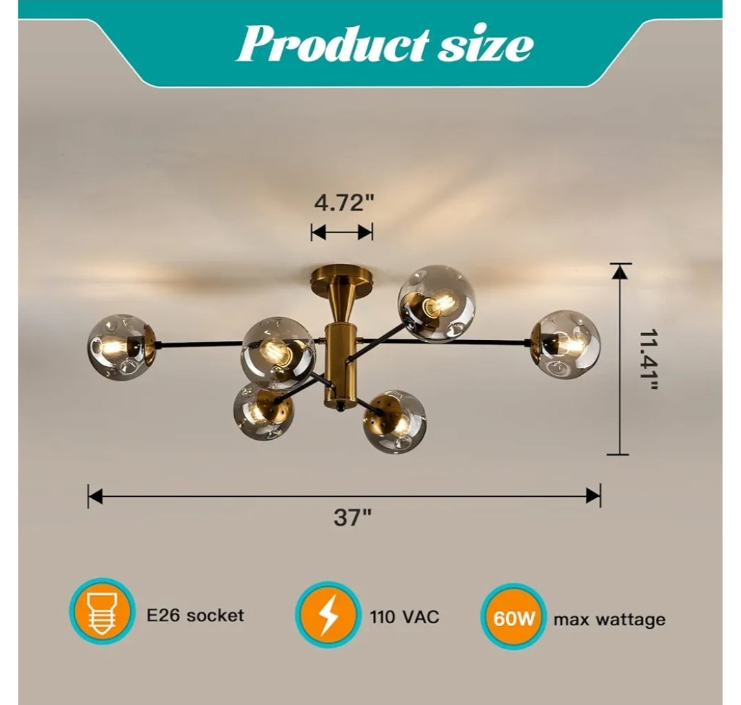Modern Semi Flush Mount Ceiling Light Fixture 6-Light Sputnik Gold Chandelier with Glass Globe Mid Century Ceiling Lighting for Dinning Room Farmhouse Kitchen Bedroom Living Room.