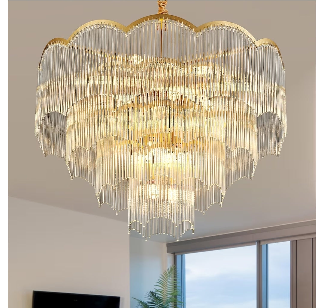 31.5" Gold Clear Glass Crystal Chandelier 18-Light Modern Crystal Pendant Ceiling Light Fixture 4-Tier Luxury Glass Chandeliers,for Dining Room Kitchen Island Living Room Bedroom