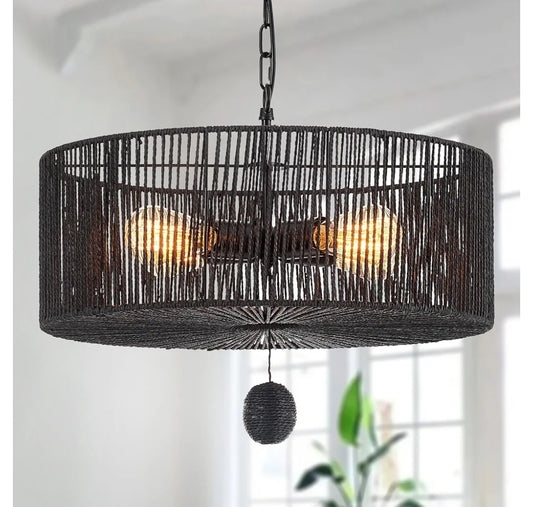 Drum Rattan Chandelier Light Fixture, Vintage Farmhouse 4-Lights Black Hand Woven Bamboo Chandelier, Rustic 19.7" for Dining Room, Bedroom, Kitchen