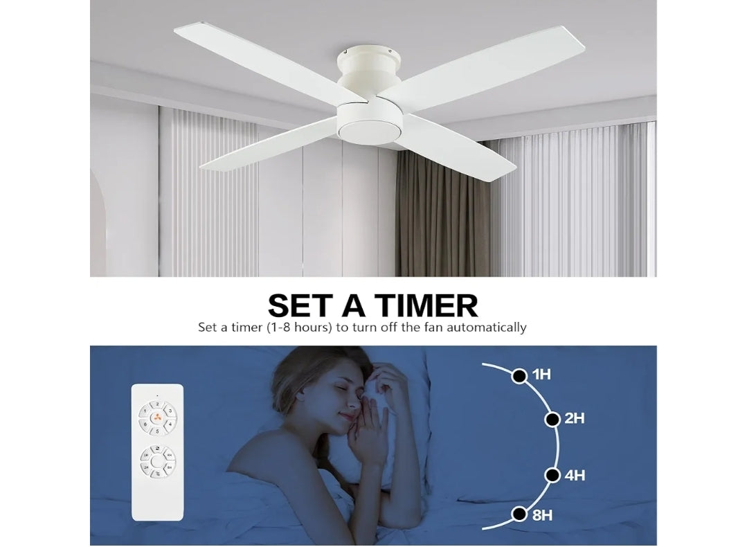 WINGBO 52" Flush Mount DC Ceiling Fan without Lights, 4 Reversible Blades, Ultra Quiet 6-Speed DC Motor, Hugger Low Profile Indoor Ceiling Fan No Lights, White Finish
