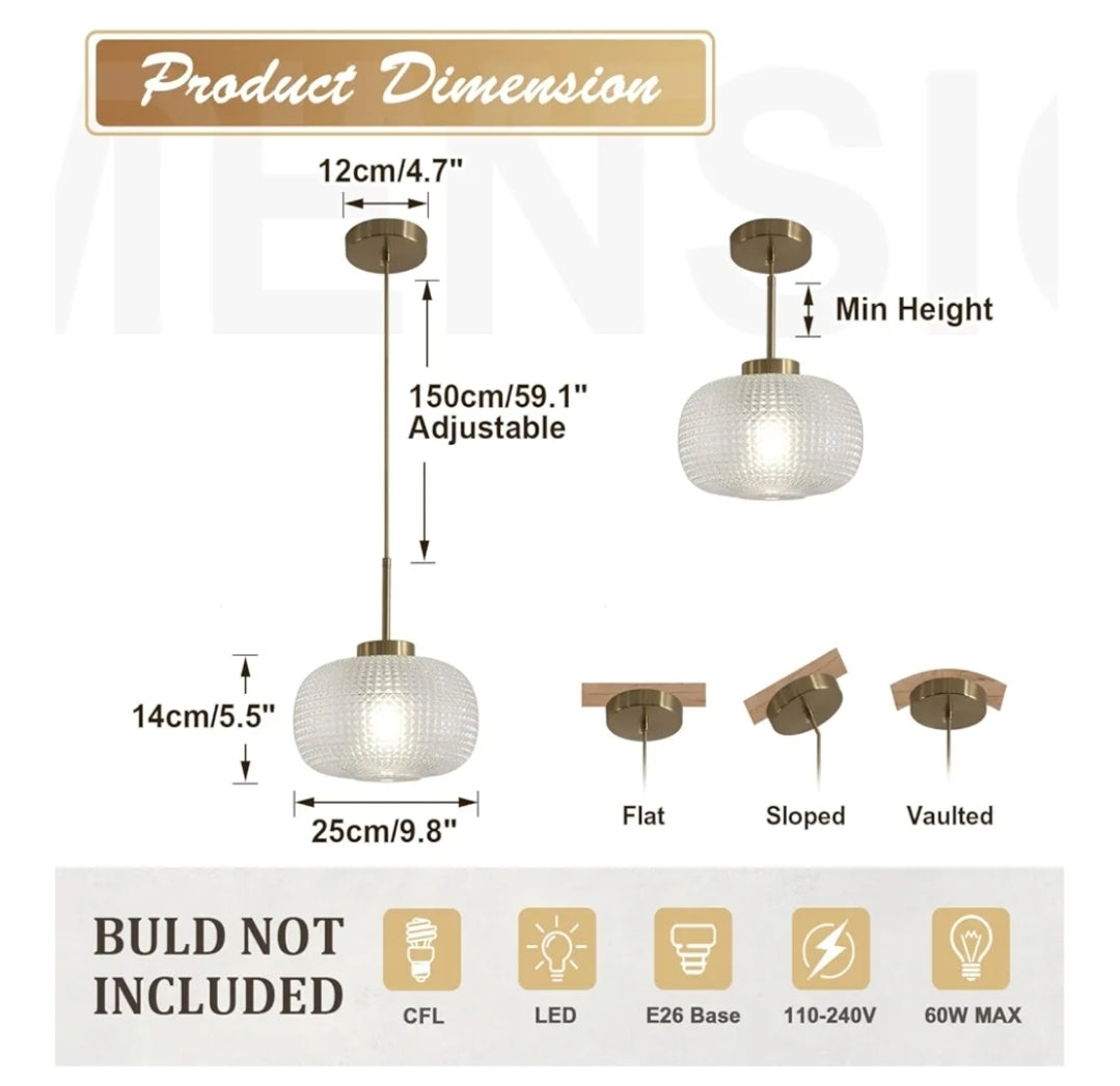Clear Glass Pendant Lights Mid Century Modern Pendant Light Fixtures Brushed Gold Hanging Light Vintage Antique Brass Round Pendant Lighting for Bedroom Kitchen Island