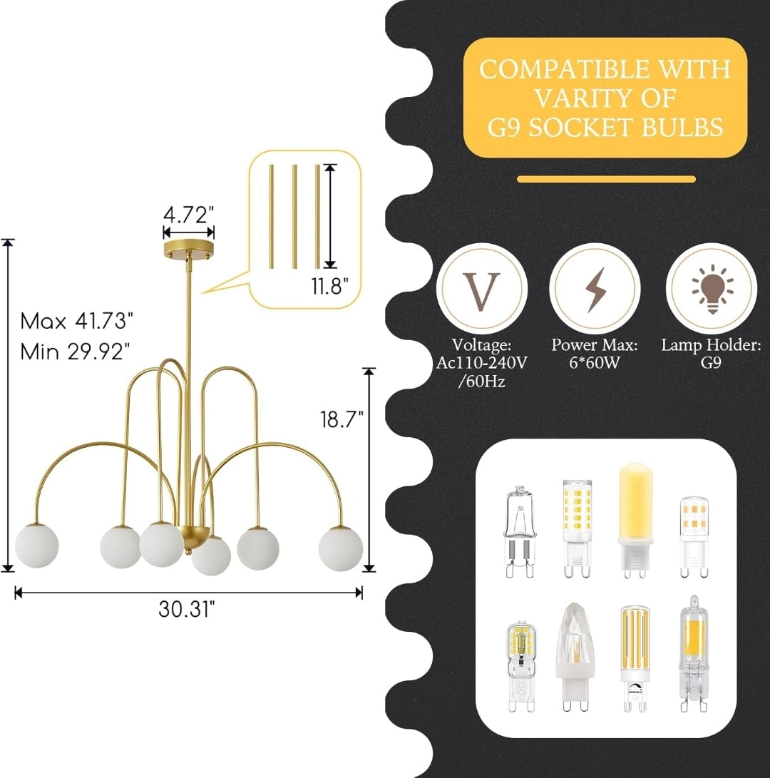 30" Mid Century Arch Chandelier, Large Modern Pendant Light Fixtures with Milk Glass Globe Shades Antique Brass Brush Paint Finish for Dining Room, Kitchen Island, Foyer, Living Room 6-Light