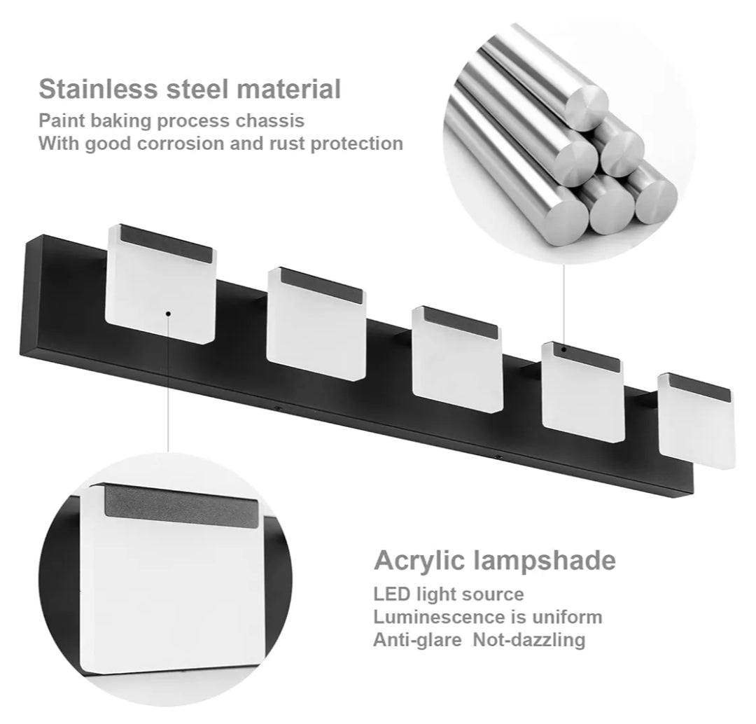 Ralbay LED Modern Bathroom Vanity Light - 5 Light Acrylic Matte Black Vanity Lighting Fixture