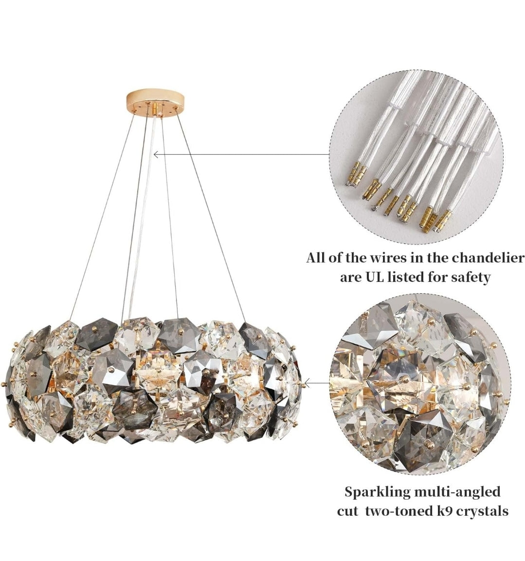Crystal Chandelier, 12-Lights 24 Inch Gold Modern Round Pendant Lights, Hexagonal Crystals Surrounding Chrome Metal Ceiling Light Fixture, Chandeliers for Dining Room Bedroom Living Room