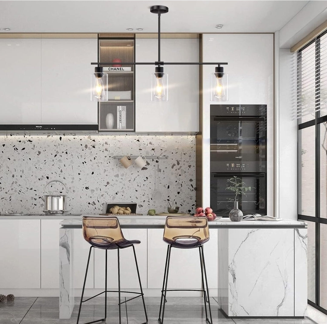 Kitchen Island Lighting, 3 Lights Linear Chandeliers Rectangle Pendant Light Fixtures for Dining Room Farmhouse Hanging Light with Glass Shades(Black)