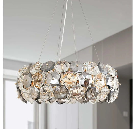 Crystal Chandelier, 12-Lights 24 Inch Gold Modern Round Pendant Lights, Hexagonal Crystals Surrounding Chrome Metal Ceiling Light Fixture, Chandeliers for Dining Room Bedroom Living Room