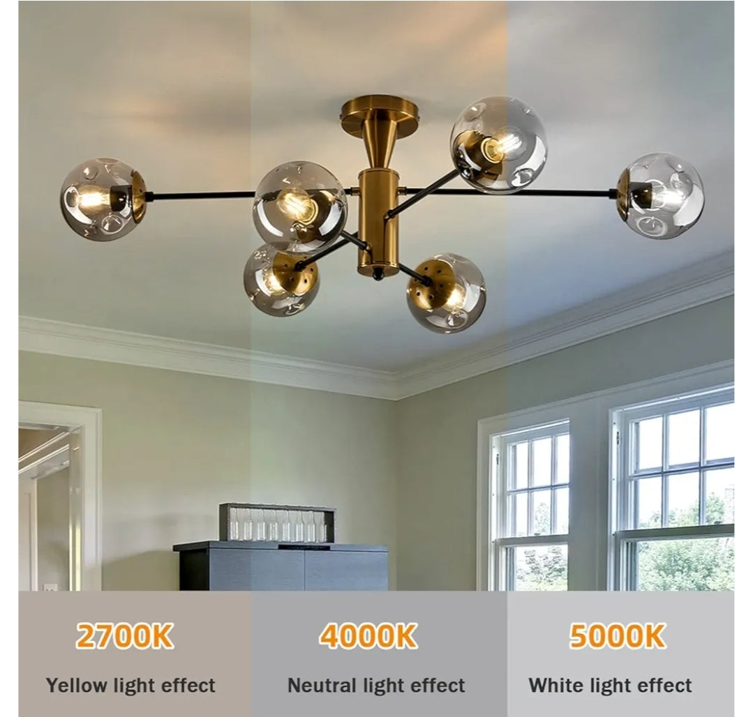 Modern Semi Flush Mount Ceiling Light Fixture 6-Light Sputnik Gold Chandelier with Glass Globe Mid Century Ceiling Lighting for Dinning Room Farmhouse Kitchen Bedroom Living Room.