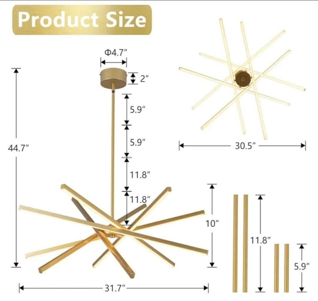 Modern Gold Chandelier Light Fixtures - LED 6-Lights Dining Room Linear Chandeliers Pendant Lights Fixture Over Table 3000K 4500K 6000K 3-Color Dimmable for Kitchen Island Living Room