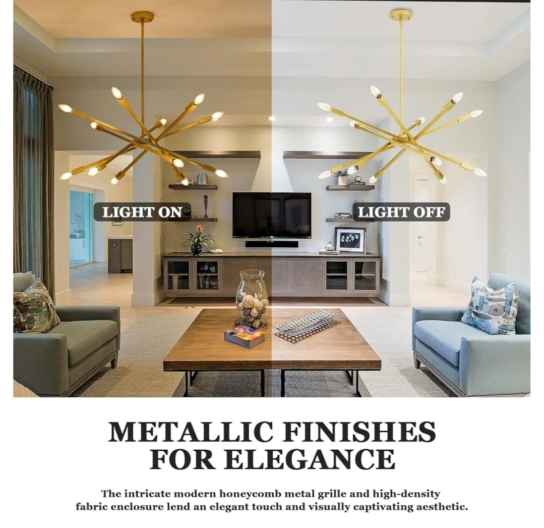 Modern Sputnik Chandeliers Ceiling Light Fixtures, Industrial Metal Farmhouse Chandelier Over Table, Mid-Century 12-Light Adjustable Height Chandeliers for Dining Living Room, Kitchen Island, Golden