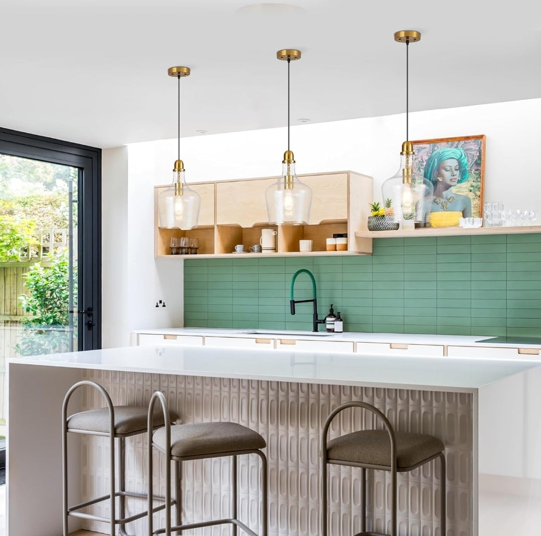 Glass Pendant Light Modern Brass 1 Light Single Dome Pendant Lighting Fixtures for Kitchen Island Dining Room Hallway, Dia 9 Inch, E26, UL Listed
