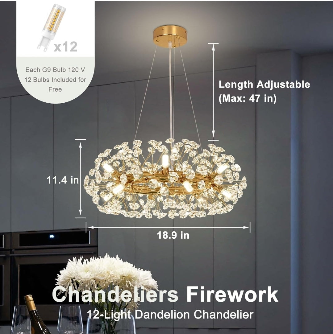 Modern Crystal Dandelion Chandelier - 12-Light Gold for Dining Room - Large Luxury K9 Crystal (Included G9 Bulbs)