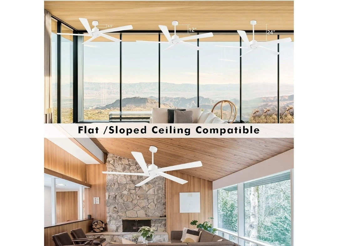 WINGBO 72 Inch DC Ceiling Fan No Light with 3 Downrods, 5 Reversible Carved Solid Wood Blades, 6-Speed Noiseless DC Motor, Ceiling Fan without Lights in White Finish, ETL Listed
