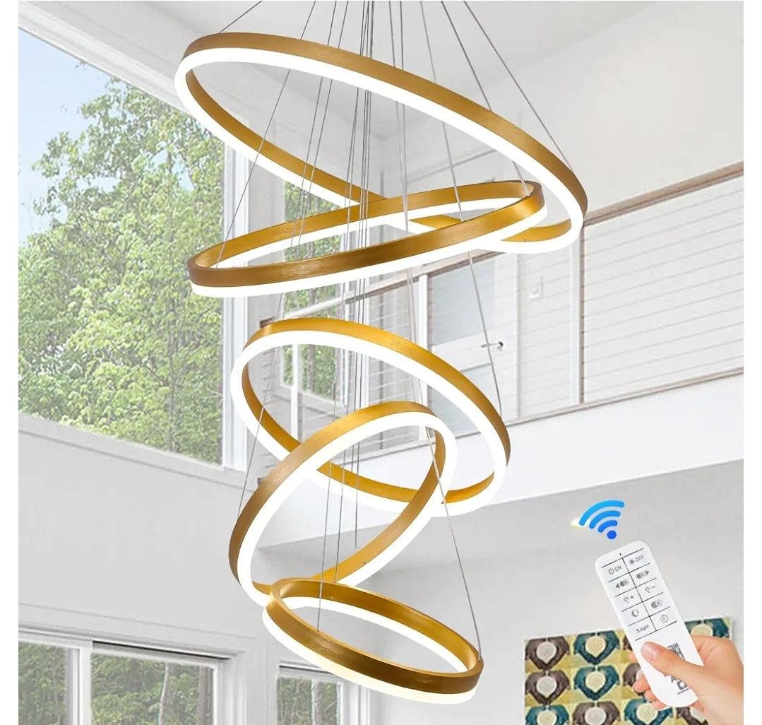 5-Rings Modern LED Chandelier Gold Dimmable High Ceiling Chandelier for Dining Room with Remote Control for Foyer Living Room Entryway Staircase(D23.6’’, 3000K-6500K)