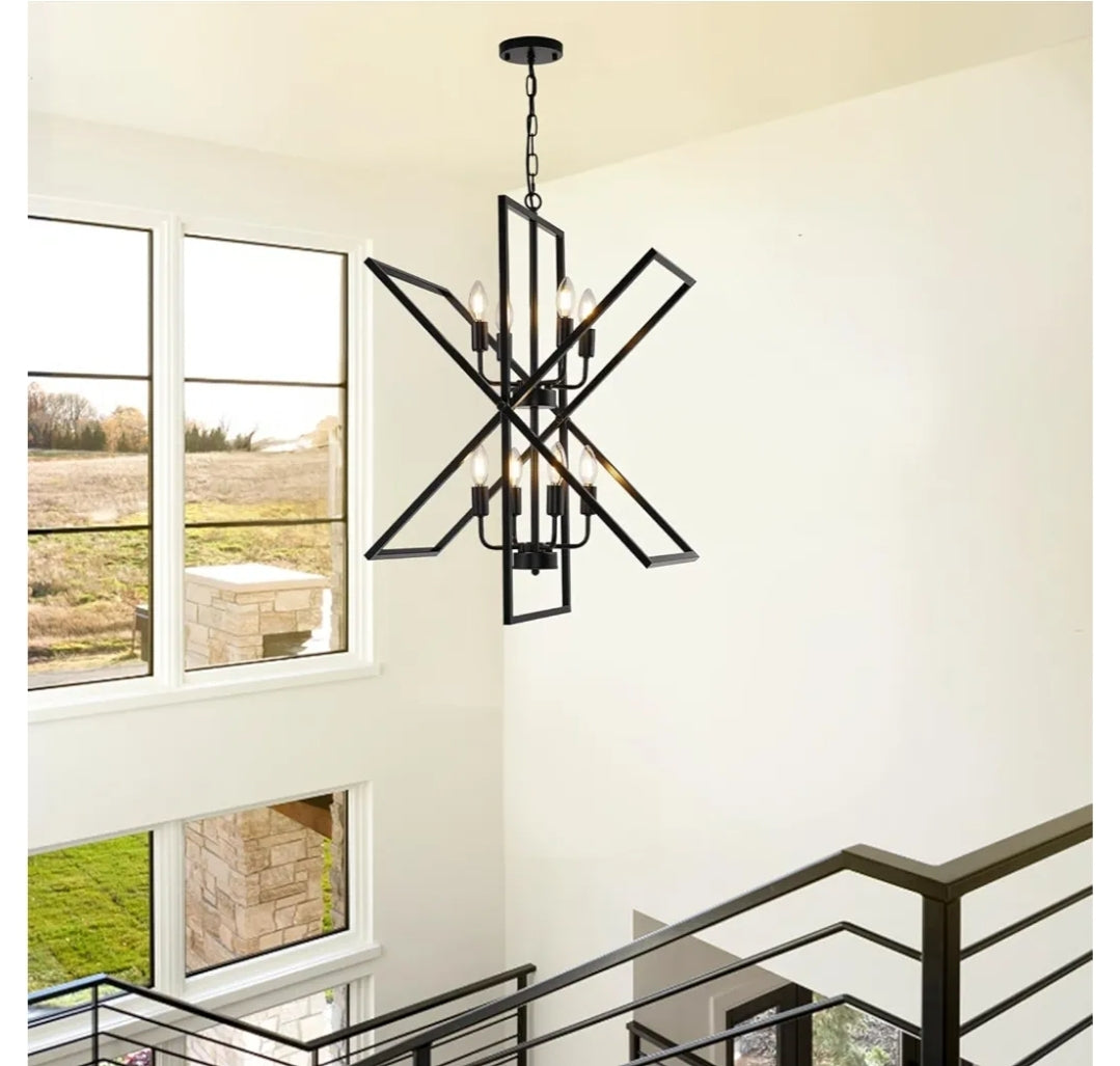 Black Chandelier, 8-Light Industrial Farmhouse Ceiling Pendant Light Fixtures, Modern Foyer Lighting Fixtures, Large Chandeliers for High Ceilings, Pendant Lights Kitchen Island for Staircase,Entryway