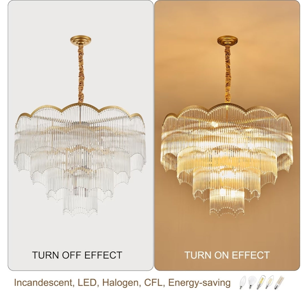 31.5" Gold Clear Glass Crystal Chandelier 18-Light Modern Crystal Pendant Ceiling Light Fixture 4-Tier Luxury Glass Chandeliers,for Dining Room Kitchen Island Living Room Bedroom