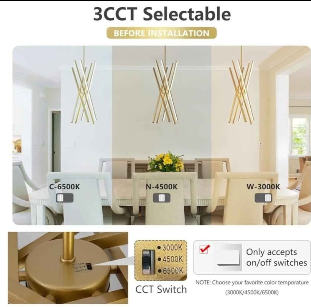 Modern Gold Chandelier Light Fixtures - LED 6-Lights Dining Room Linear Chandeliers Pendant Lights Fixture Over Table 3000K 4500K 6000K 3-Color Dimmable for Kitchen Island Living Room