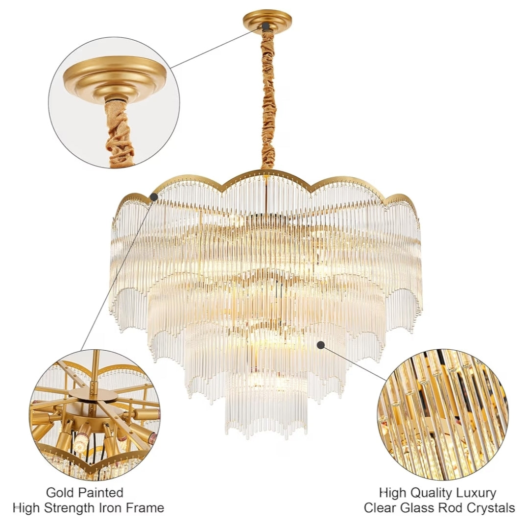 31.5" Gold Clear Glass Crystal Chandelier 18-Light Modern Crystal Pendant Ceiling Light Fixture 4-Tier Luxury Glass Chandeliers,for Dining Room Kitchen Island Living Room Bedroom