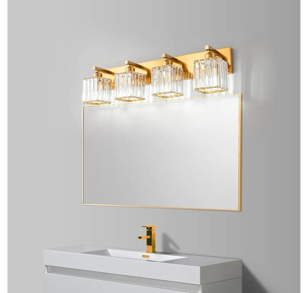Modern 4-Light Gold Brushed Brass Finish Crystal Bathroom Vanity Light Fixtures